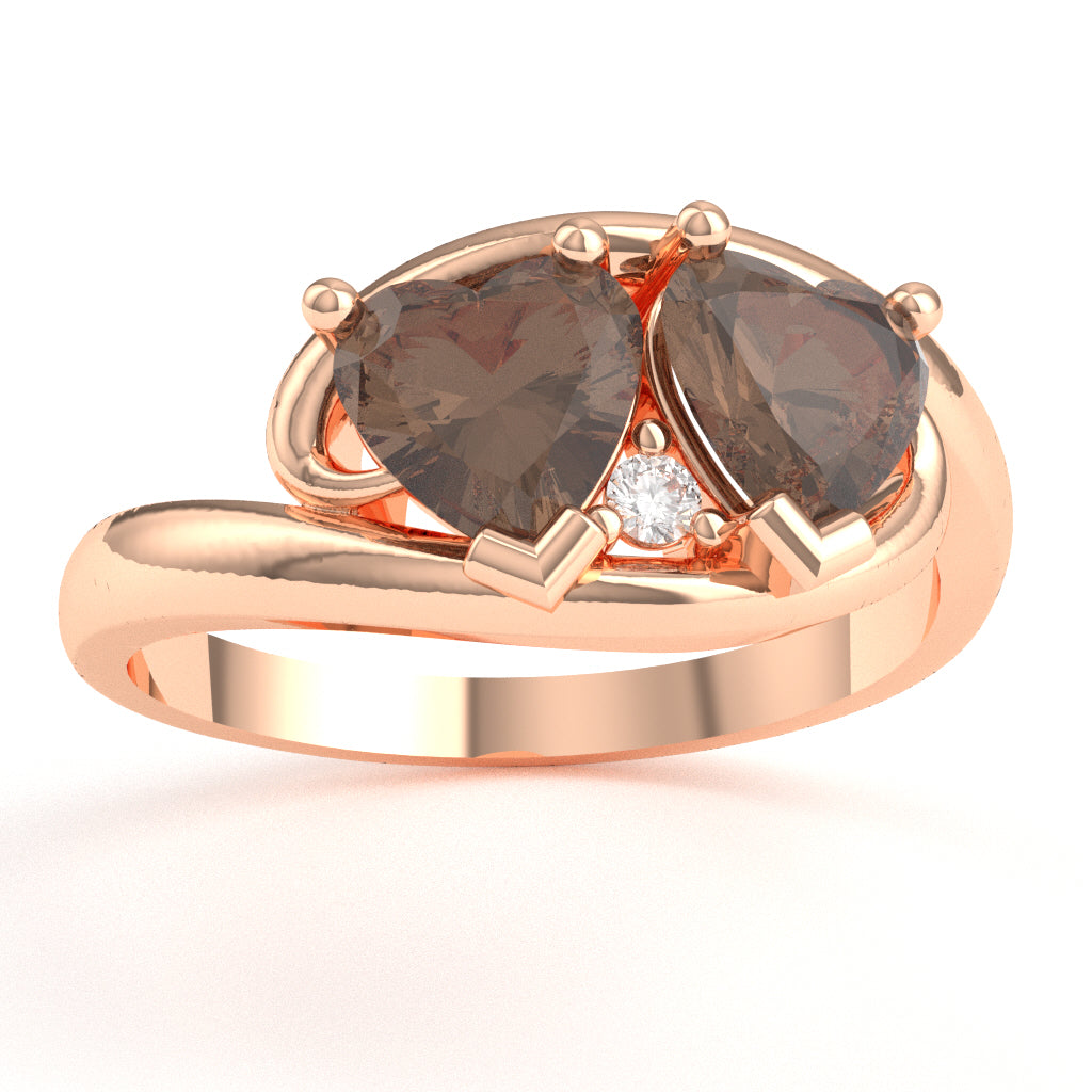2 Hearts In Love Smoky Quartz Diamond Promise Ring In 14k Rose Gold