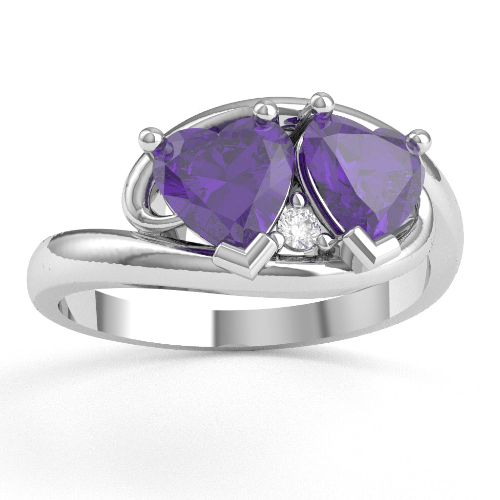 2 Hearts In Love Amethyst Diamond Promise Ring In 14k White Gold