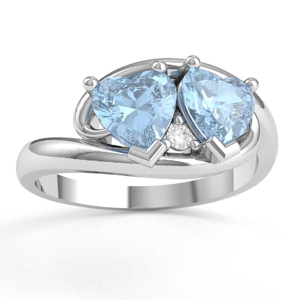2 Hearts In Love Aquamarine Diamond Promise Ring In 14k White Gold