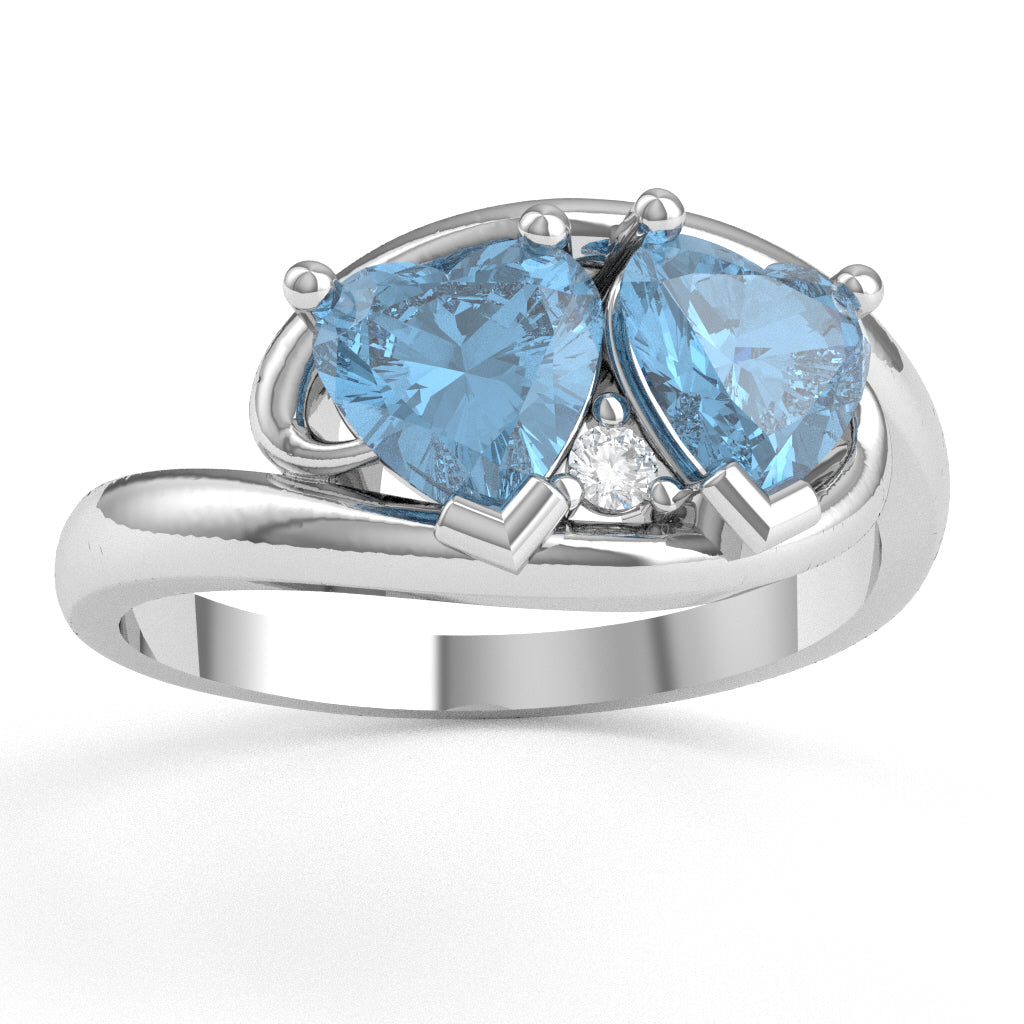 2 Hearts In Love Blue Topaz Diamond Promise Ring In 14k White Gold