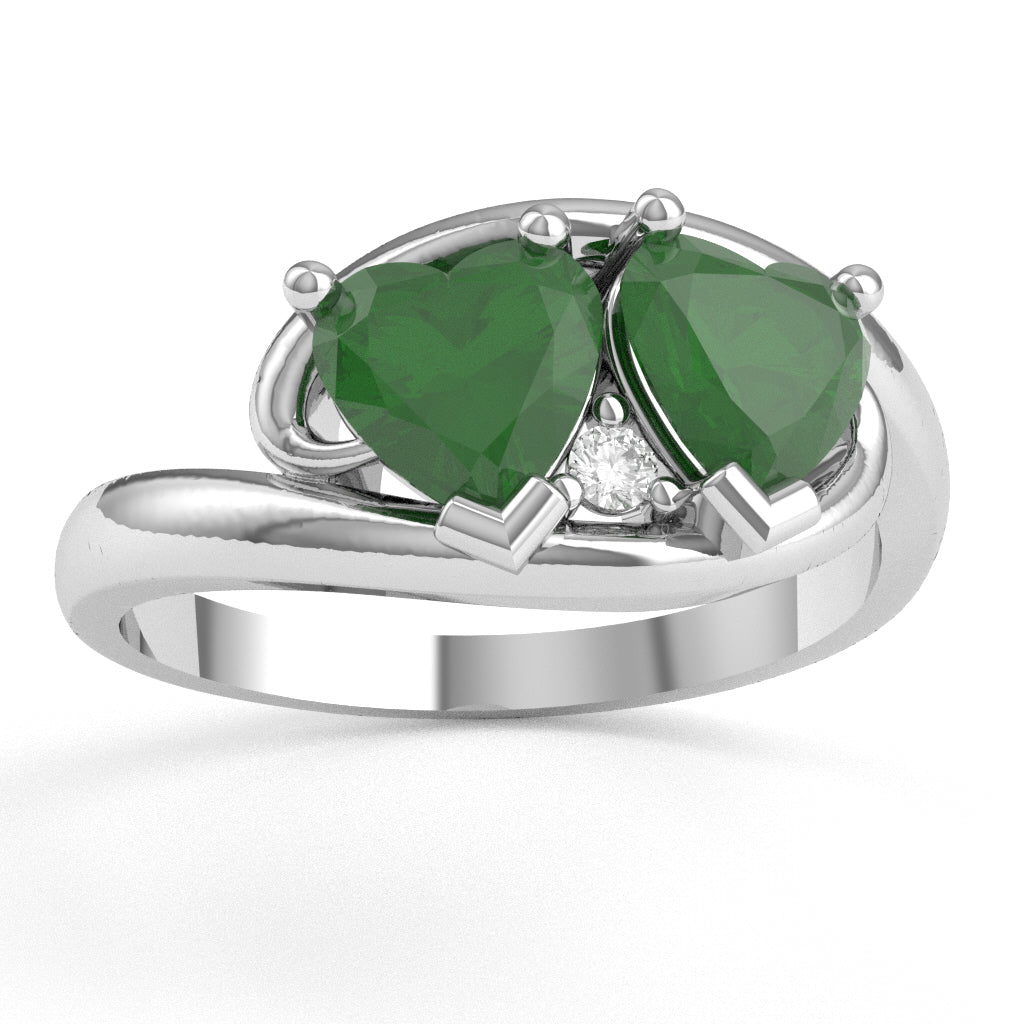 2 Hearts In Love Emerald Diamond Promise Ring In 14k White Gold