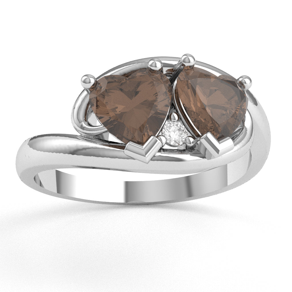 2 Hearts In Love Smoky Quartz Diamond Promise Ring In 14k White Gold