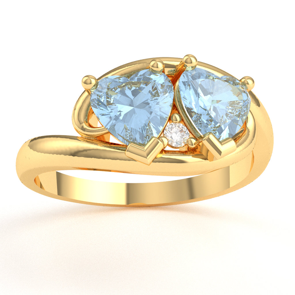 2 Hearts In Love Aquamarine Diamond Promise Ring In 14k Yellow Gold