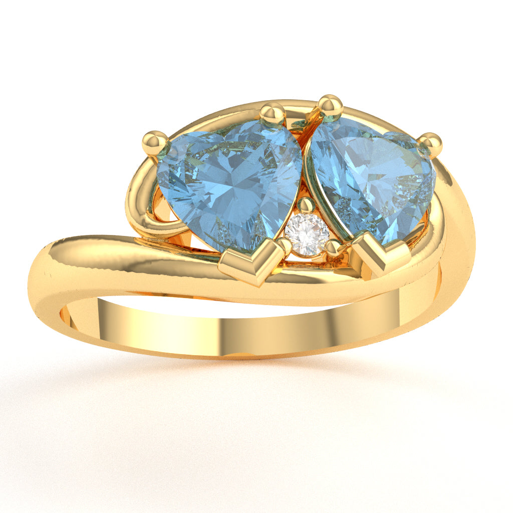2 Hearts In Love Blue Topaz Diamond Promise Ring In 14k Yellow Gold