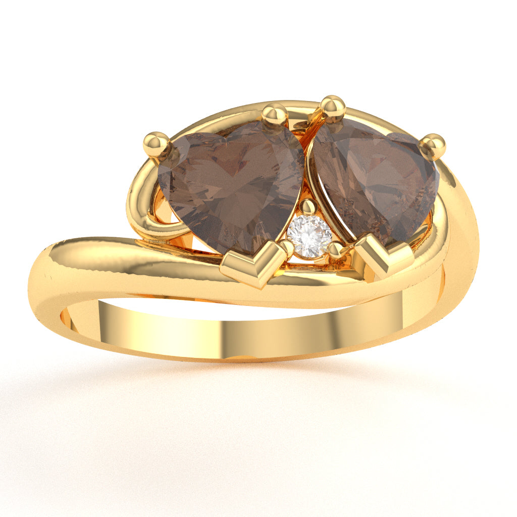 2 Hearts In Love Smoky Quartz Diamond Promise Ring In 14k Yellow Gold