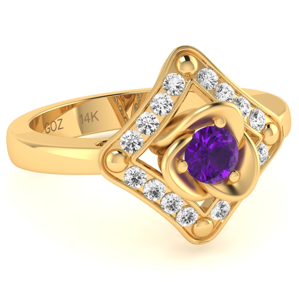 Rose Love Amethyst Diamond Ring In 14k Yellow Gold
