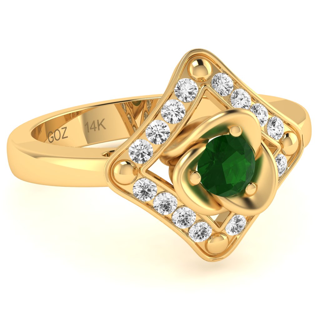 Rose Love Emerald Diamond Ring In 14k Yellow Gold
