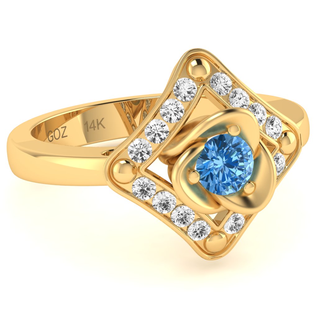 Rose Love Blue Topaz Diamond Ring In 14k Yellow Gold