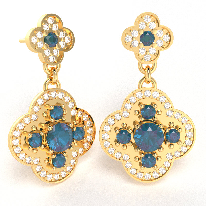 Shamrock Clover Flower Leaf Lab-Created Alexandrite Diamond Earrings In 14k Yellow Gold