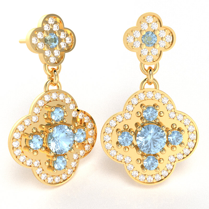 Shamrock Clover Flower Leaf Aquamarine Diamond Earrings In 14k Yellow Gold