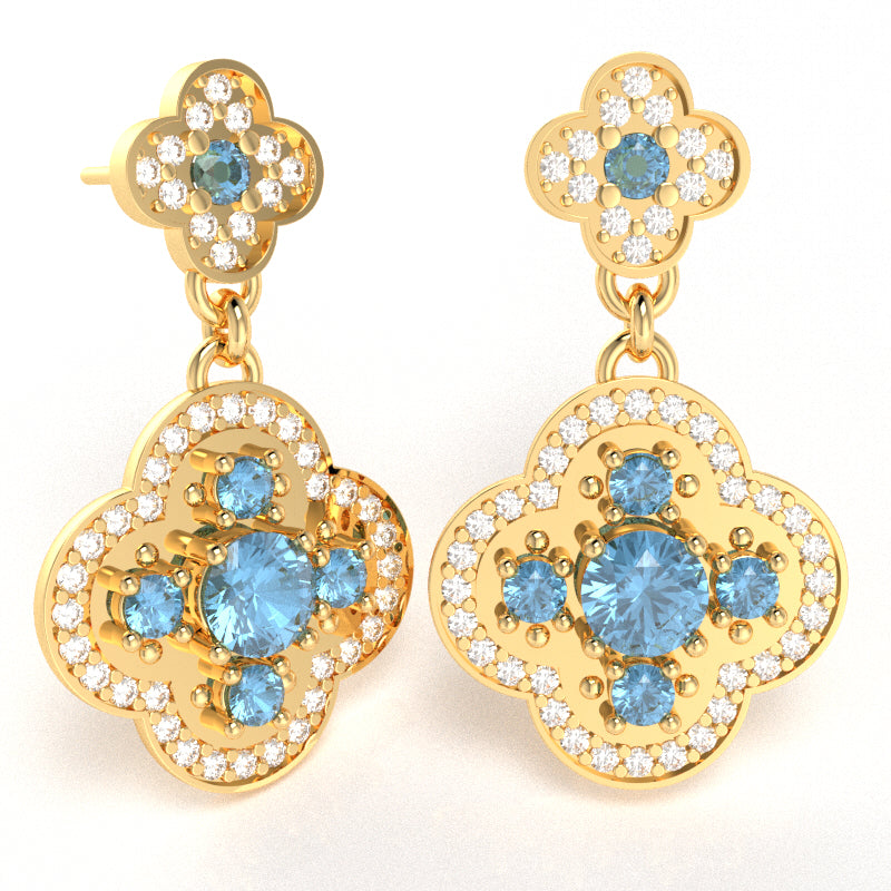 Shamrock Clover Flower Leaf Blue Topaz Diamond Earrings In 14k Yellow Gold