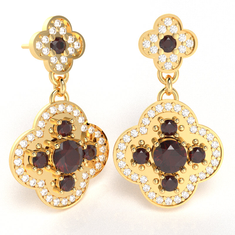 Shamrock Clover Flower Leaf Garnet Diamond Earrings In 14k Yellow Gold