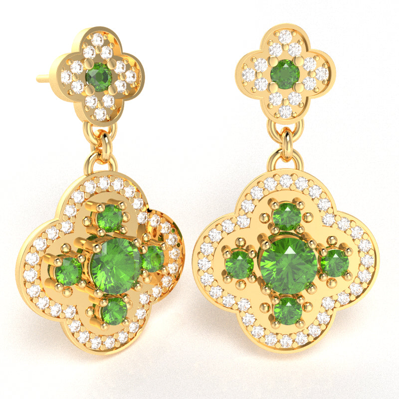 Shamrock Clover Flower Leaf Peridot Diamond Earrings In 14k Yellow Gold