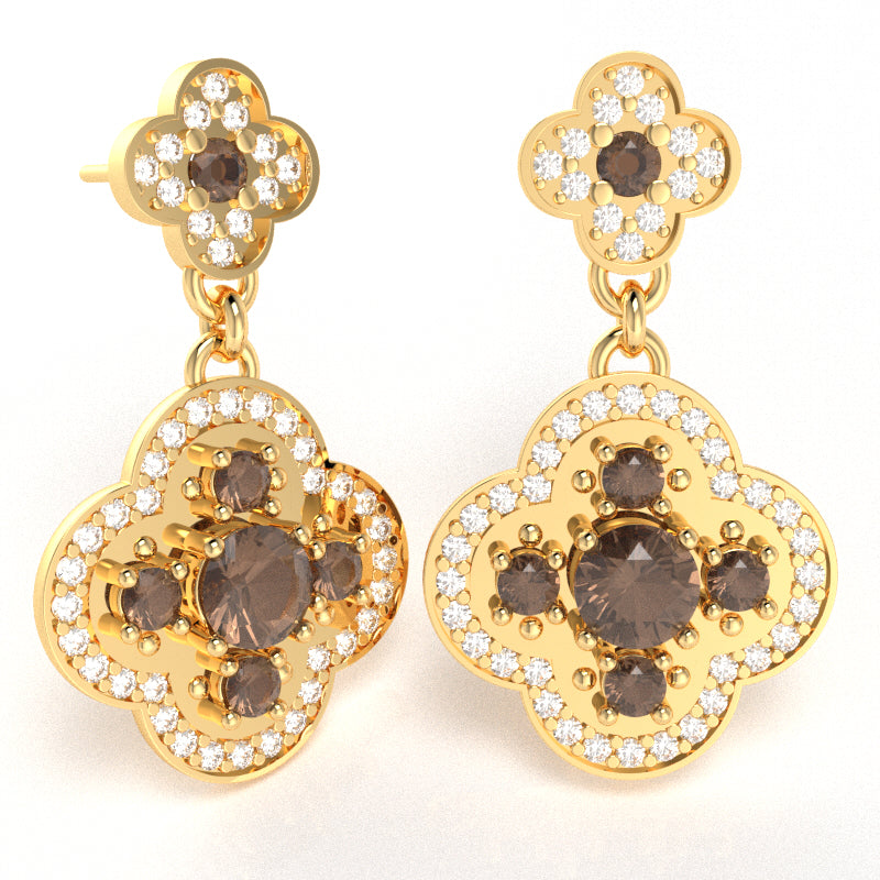 Shamrock Clover Flower Leaf Smoky Quartz Diamond Earrings In 14k Yellow Gold
