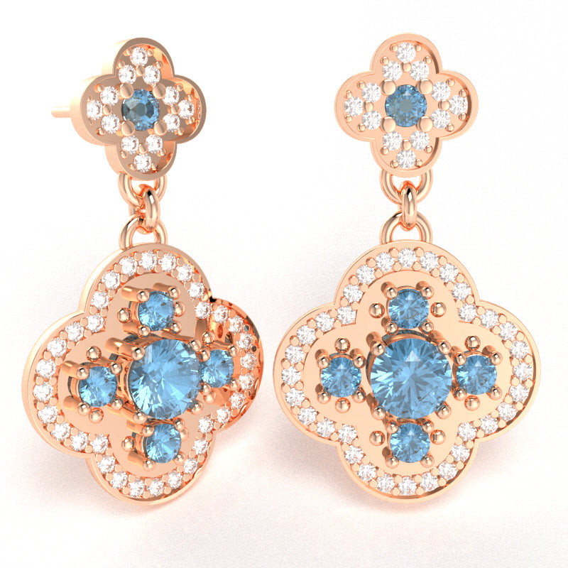 Shamrock Clover Flower Leaf Blue Topaz Diamond Earrings In 14k Rose Gold