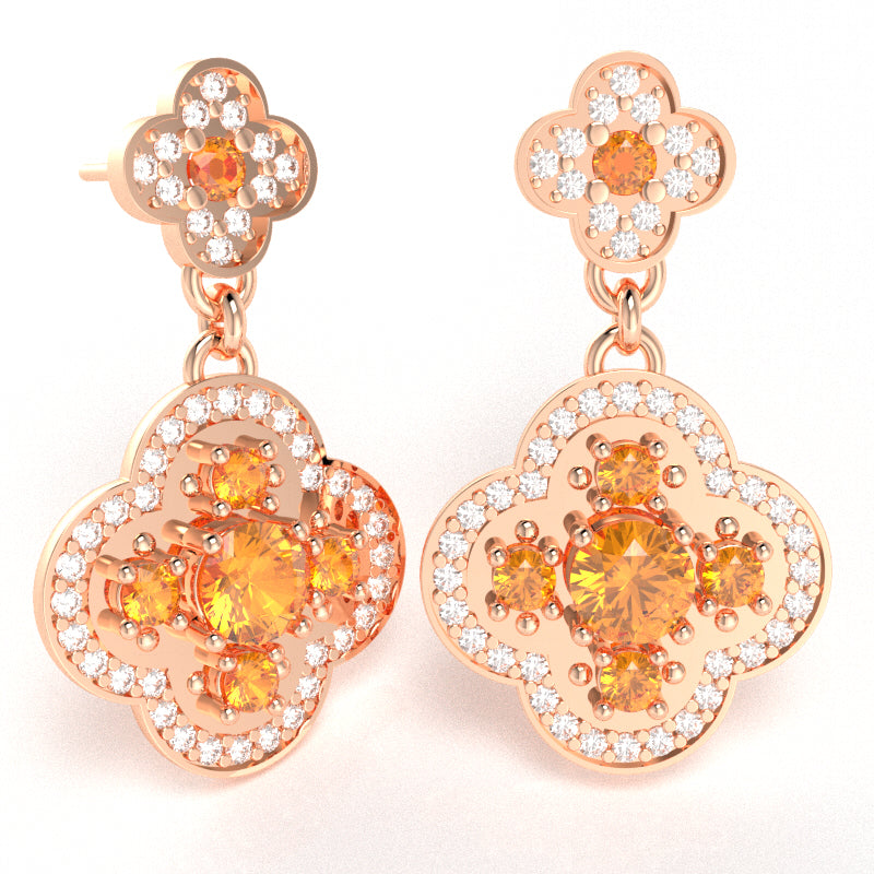 Shamrock Clover Flower Leaf Citrine Diamond Earrings In 14k Rose Gold