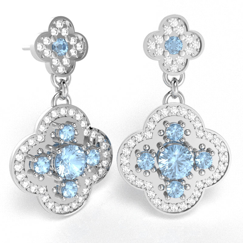 Shamrock Clover Flower Leaf Aquamarine Diamond Earrings In 14k White Gold