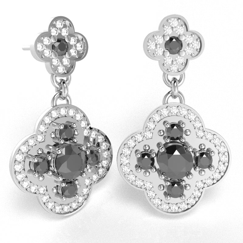 Shamrock Clover Flower Leaf Black Onyx Diamond Earrings In 14k White Gold