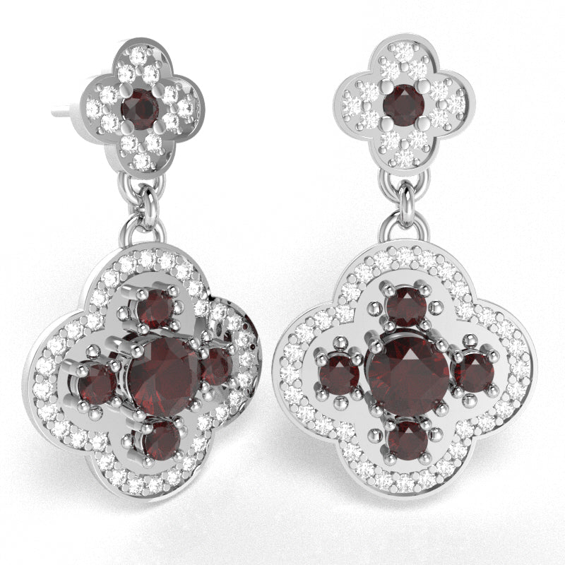 Shamrock Clover Flower Leaf Garnet Diamond Earrings In 14k White Gold