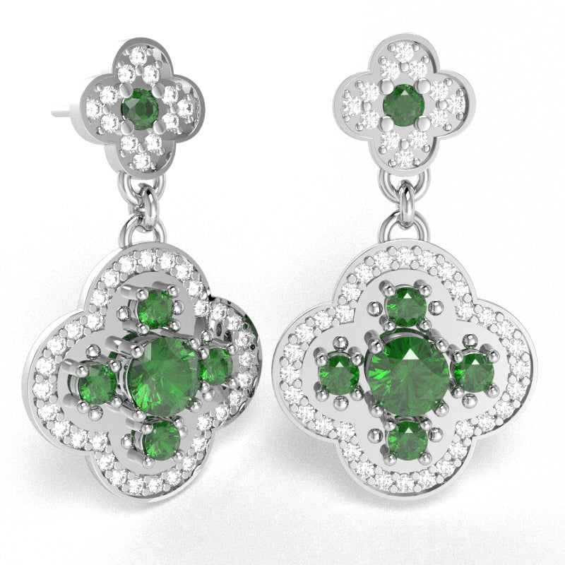 Shamrock Clover Flower Leaf Lab-Created Emerald Diamond Earrings In 14k White Gold