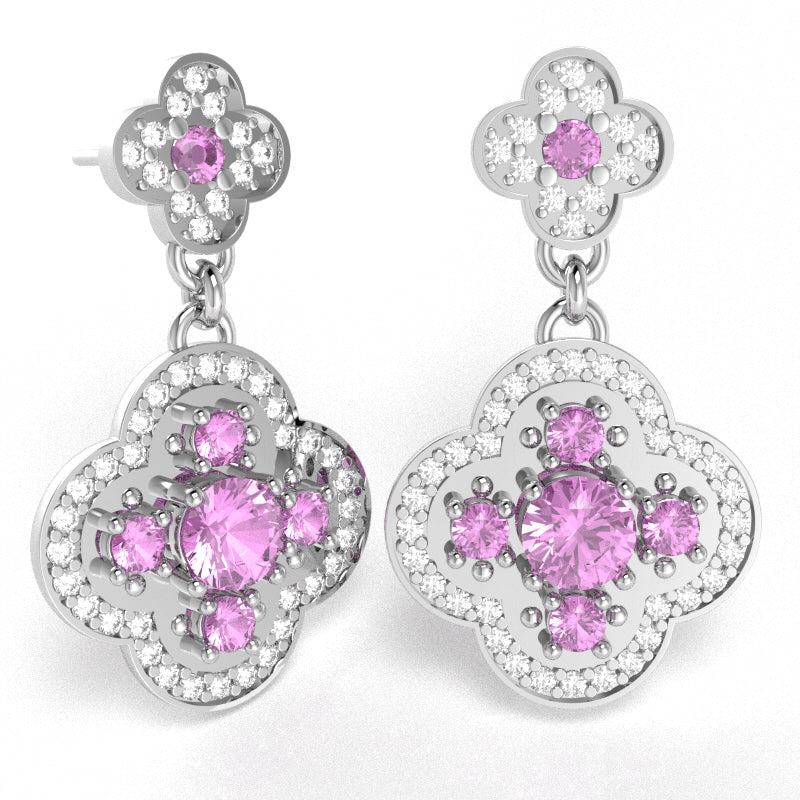 Shamrock Clover Flower Leaf Lab-Created Pink Sapphire Diamond Earrings In 14k White Gold
