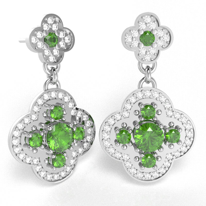 Shamrock Clover Flower Leaf Peridot Diamond Earrings In 14k White Gold