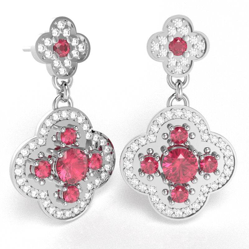 Shamrock Clover Flower Leaf Pink Tourmaline Diamond Earrings In 14k White Gold
