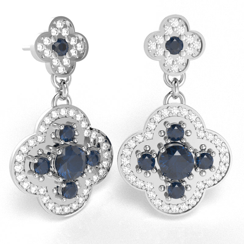 Shamrock Clover Flower Leaf Lab-Created Sapphire Diamond Earrings In 14k White Gold