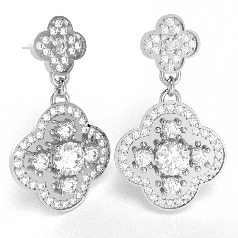 Shamrock Clover Flower Leaf White Topaz Diamond Earrings In 14k White Gold