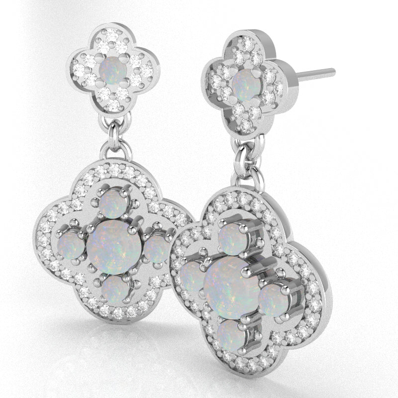 Shamrock Clover Flower Leaf Opal Diamond Earrings In 14k White Gold