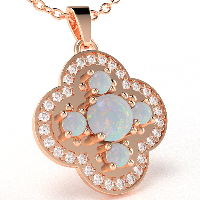 Shamrock Clover Flower Leaf Opal Diamond Pendant In 14k Rose Gold