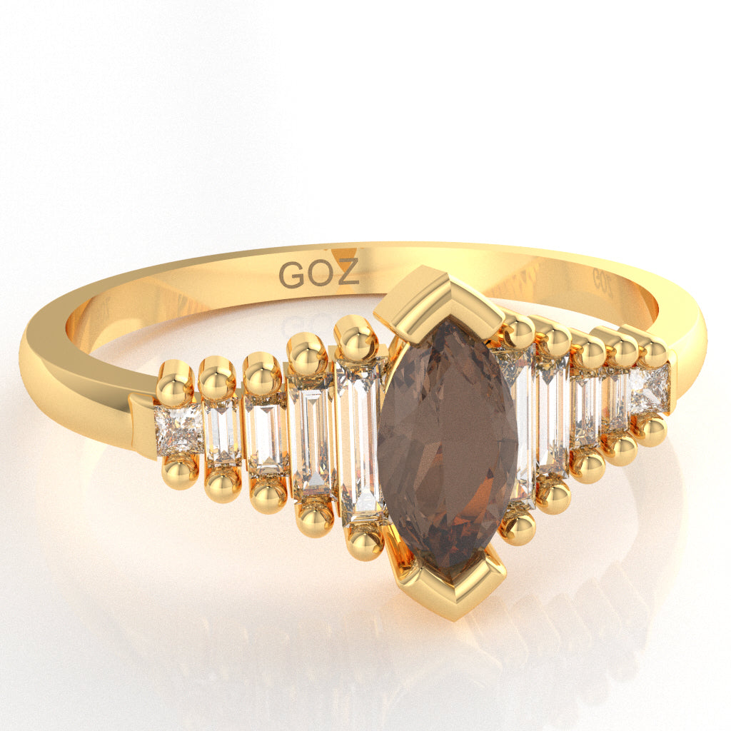 Smoky Quartz Lab-Grown Diamond Dainty Engagement Ring In 14k Yellow Gold