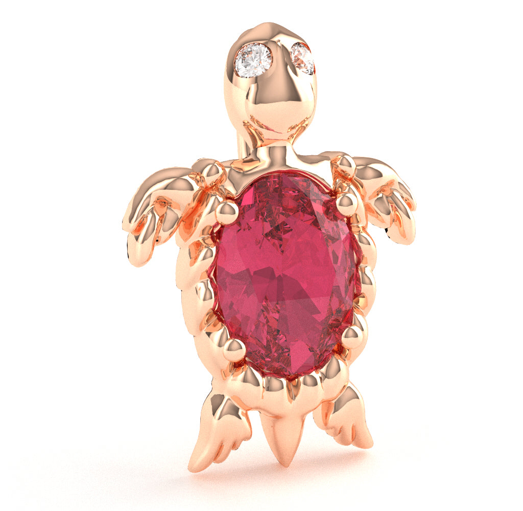 Pink Tourmaline Diamond Sea Turtle Pendant In 14k Rose Gold