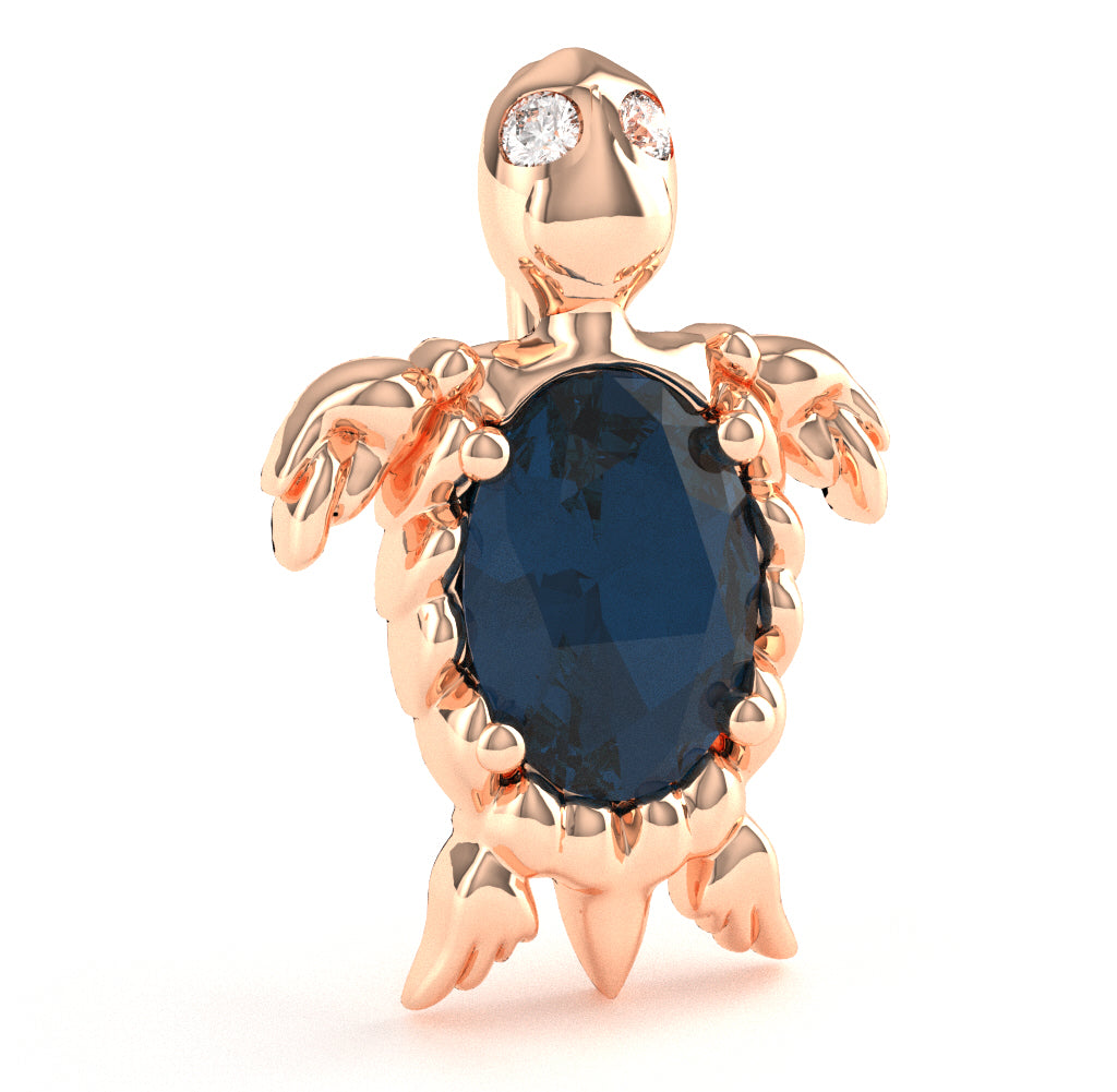 Lab-Created Sapphire Diamond Sea Turtle Pendant In 14k Rose Gold