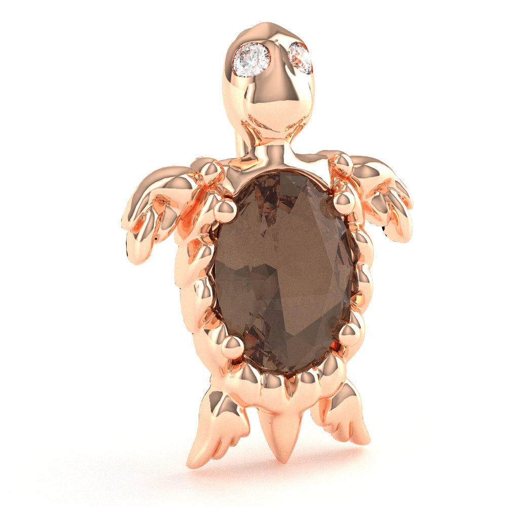 Smoky Quartz Diamond Sea Turtle Pendant In 14k Rose Gold
