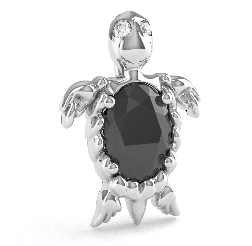 Black Onyx Diamond Sea Turtle Pendant In 10k White Gold