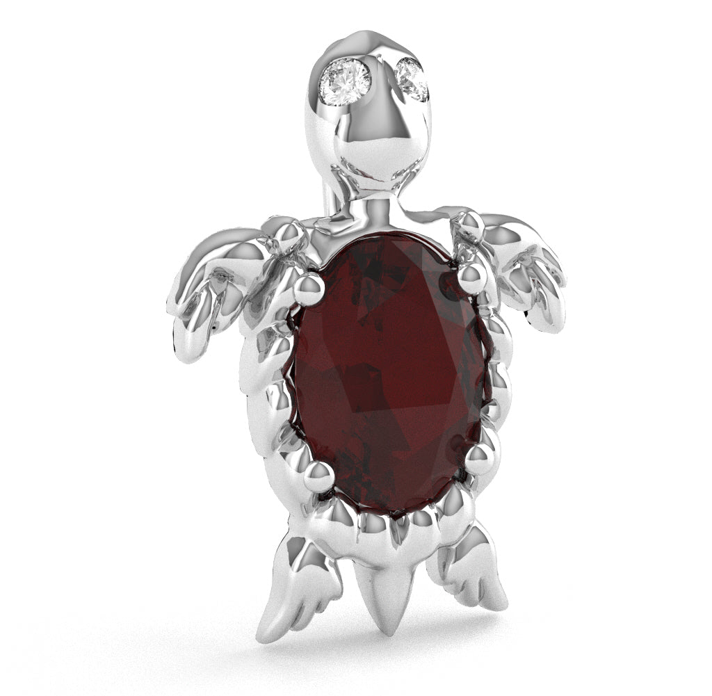 Garnet Diamond Sea Turtle Pendant In 14k White Gold