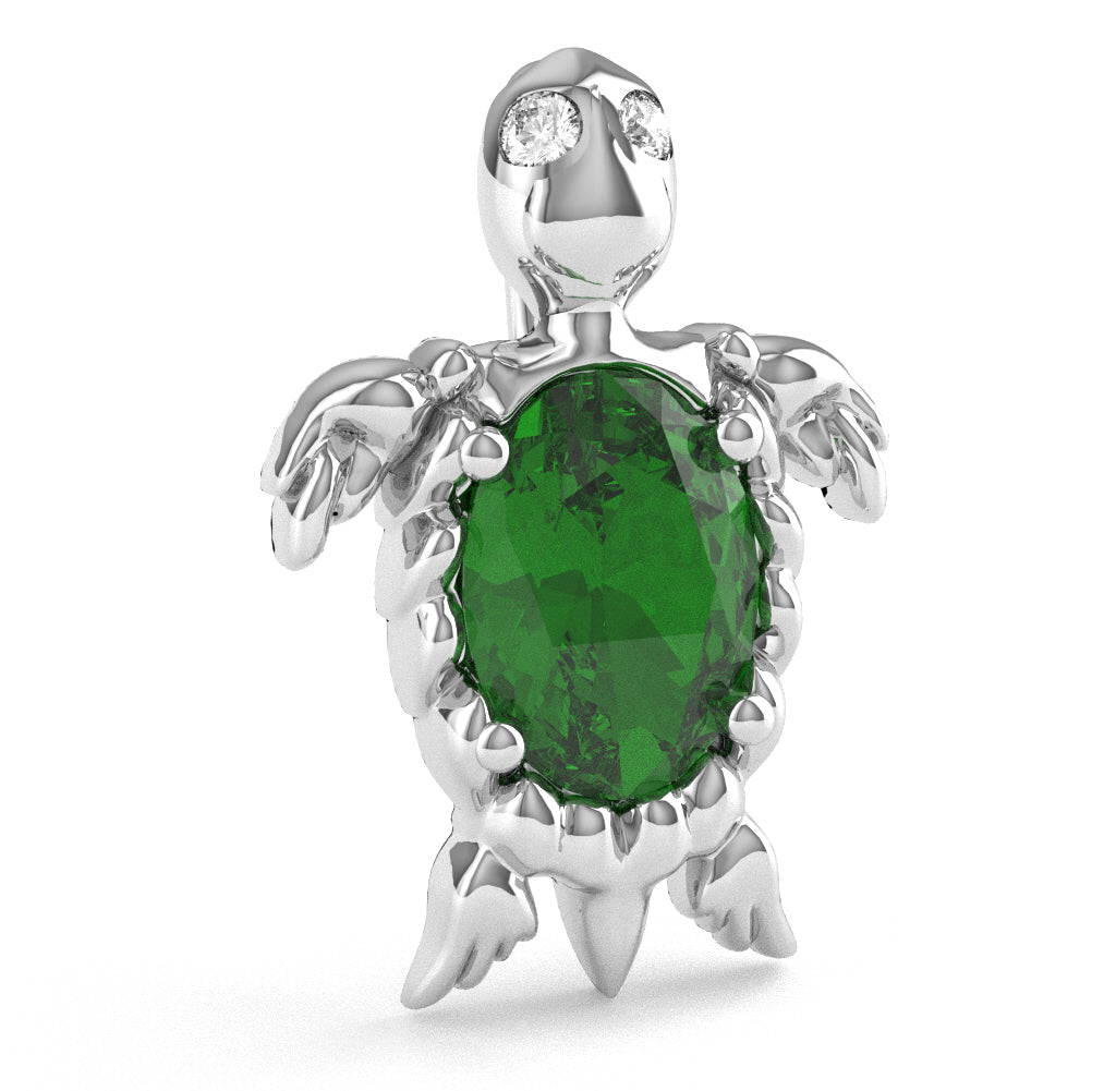 Lab-Created Emerald Diamond Sea Turtle Pendant In 14k White Gold