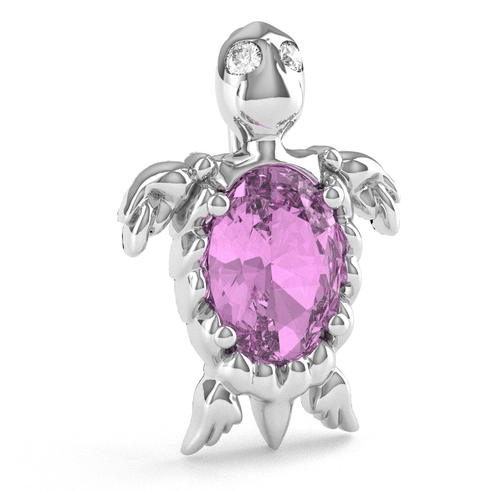 Lab-Created Pink Sapphire Diamond Sea Turtle Pendant In 14k White Gold
