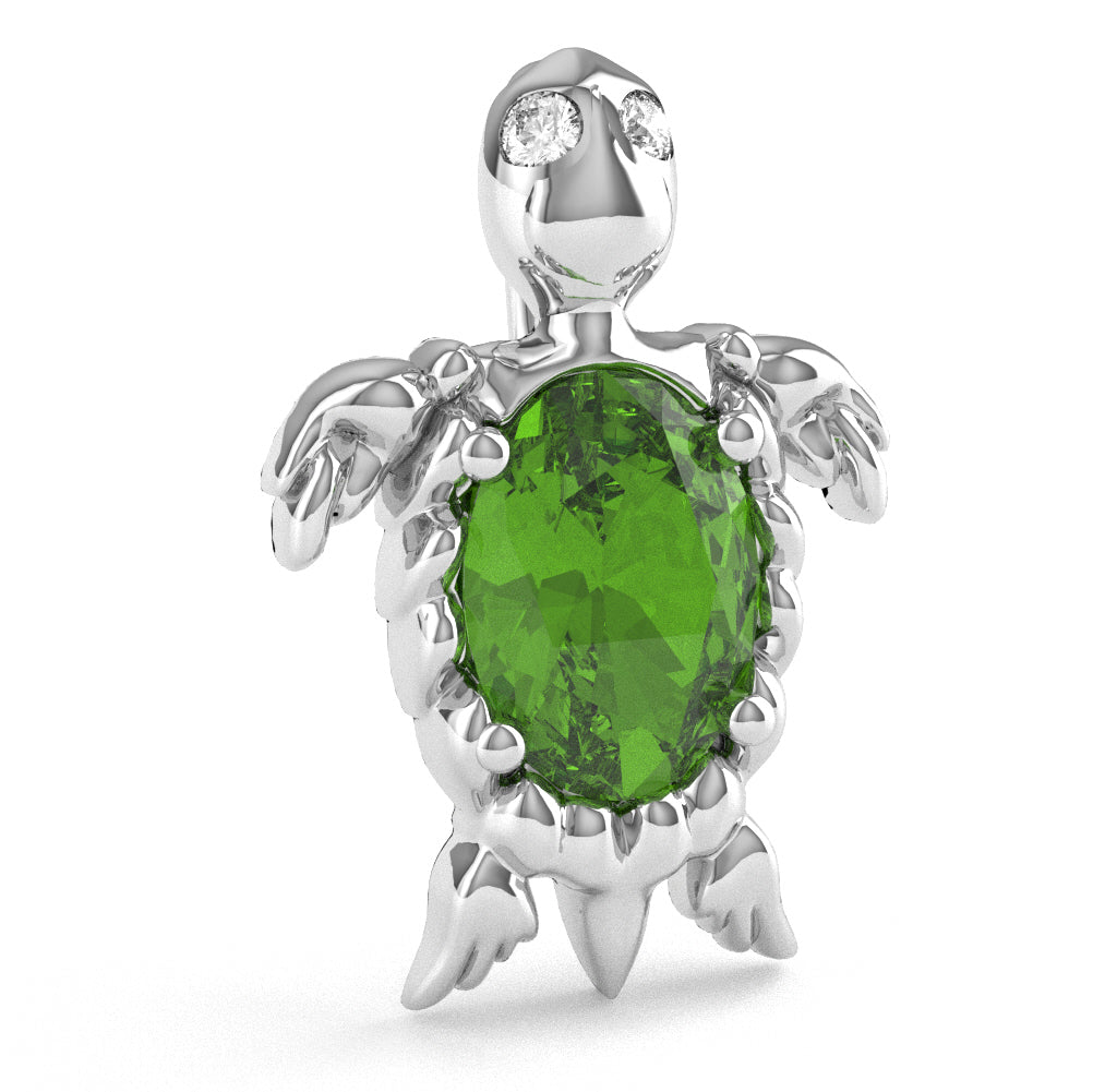 Peridot Diamond Sea Turtle Pendant In 14k White Gold