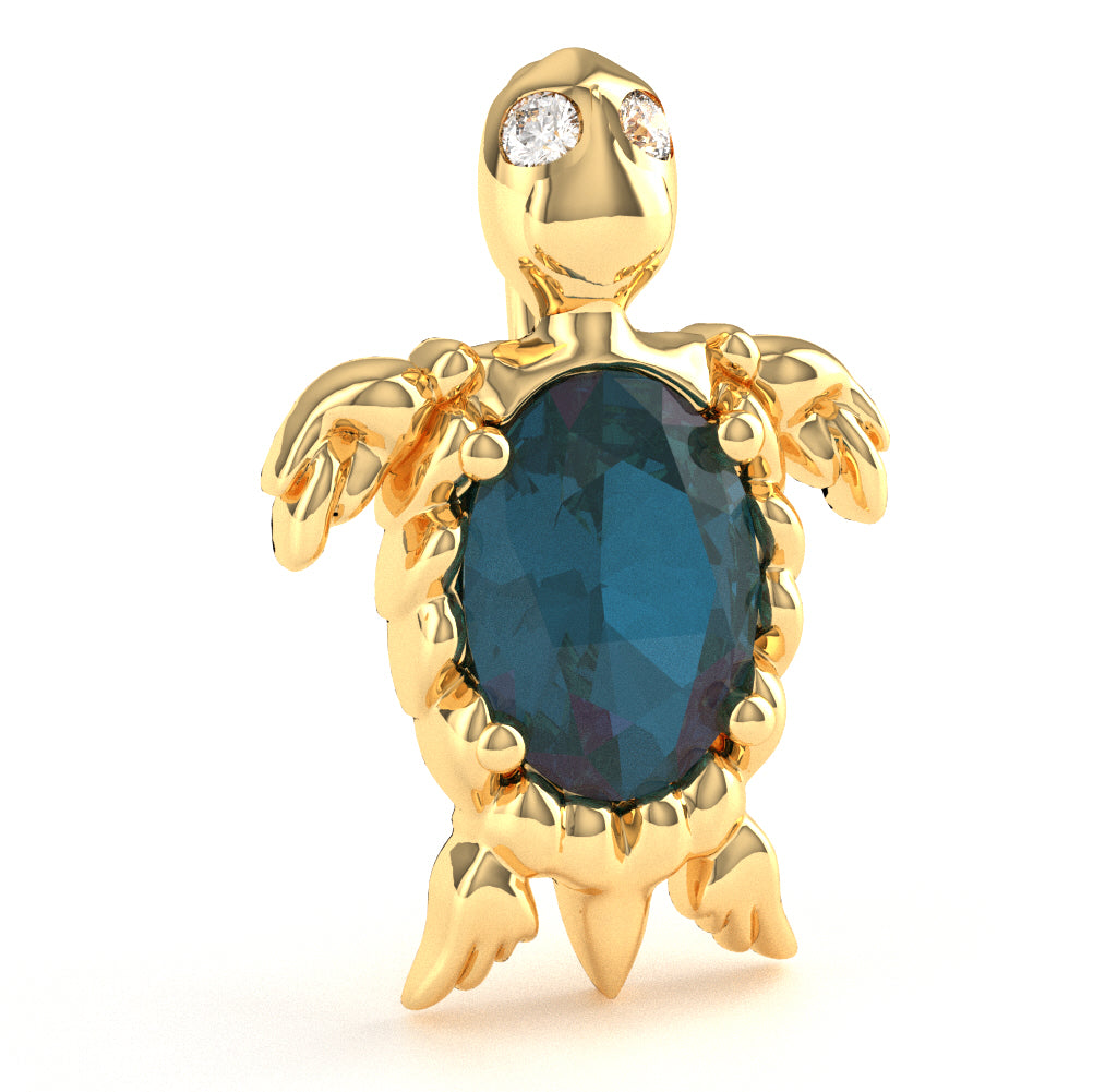 Lab-Created Alexandrite Diamond Sea Turtle Pendant In 10k Yellow Gold