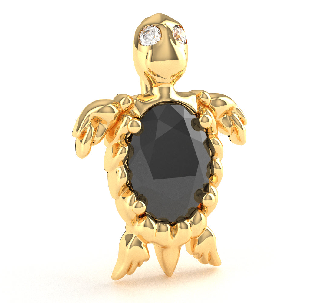 Black Onyx Diamond Sea Turtle Pendant In 10k Yellow Gold