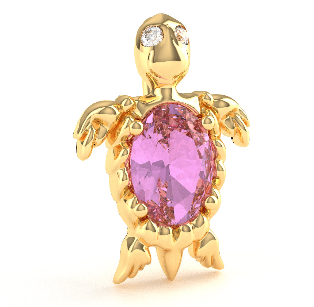 Lab-Created Pink Sapphire Diamond Sea Turtle Pendant In 10k Yellow Gold