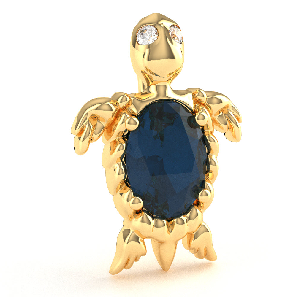 Sapphire Diamond Sea Turtle Pendant In 10k Yellow Gold