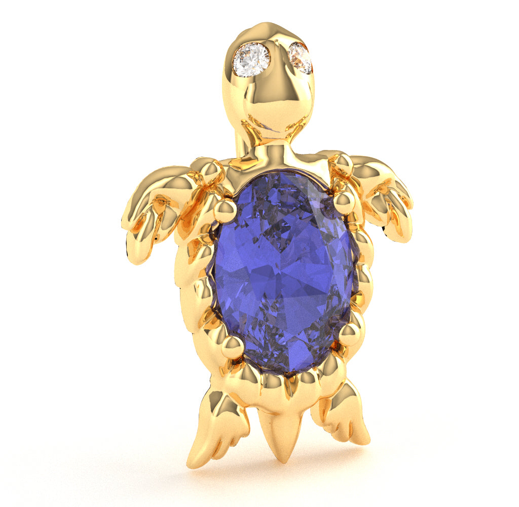 Tanzanite Diamond Sea Turtle Pendant In 10k Yellow Gold