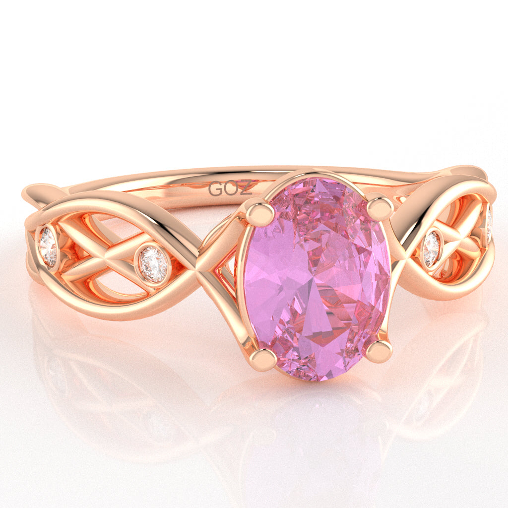 Lab-Created Pink Sapphire Diamond Celtic Knot Curles Ring In 14k Rose Gold