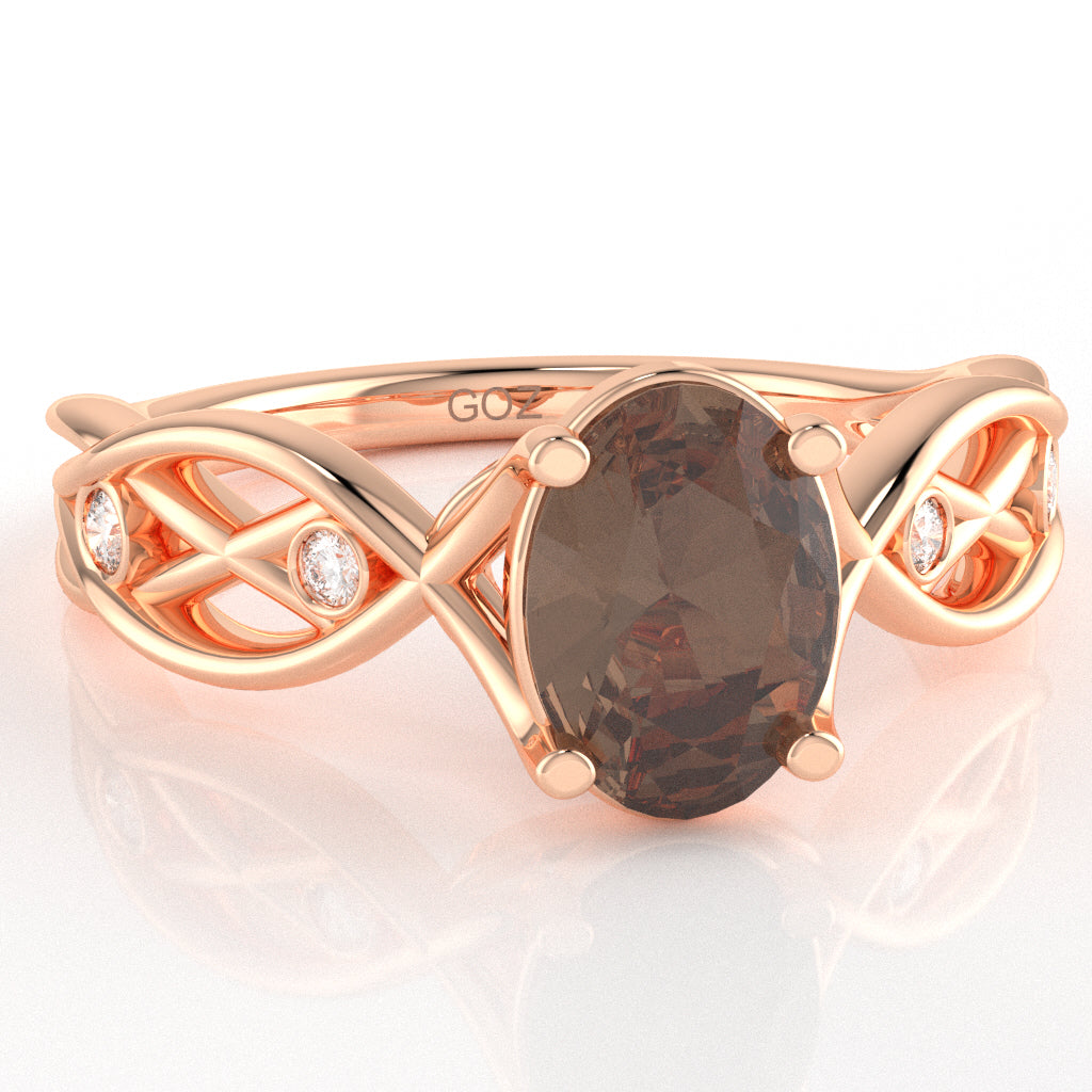 Smoky Quartz Diamond Celtic Knot Curles Ring In 10k Rose Gold