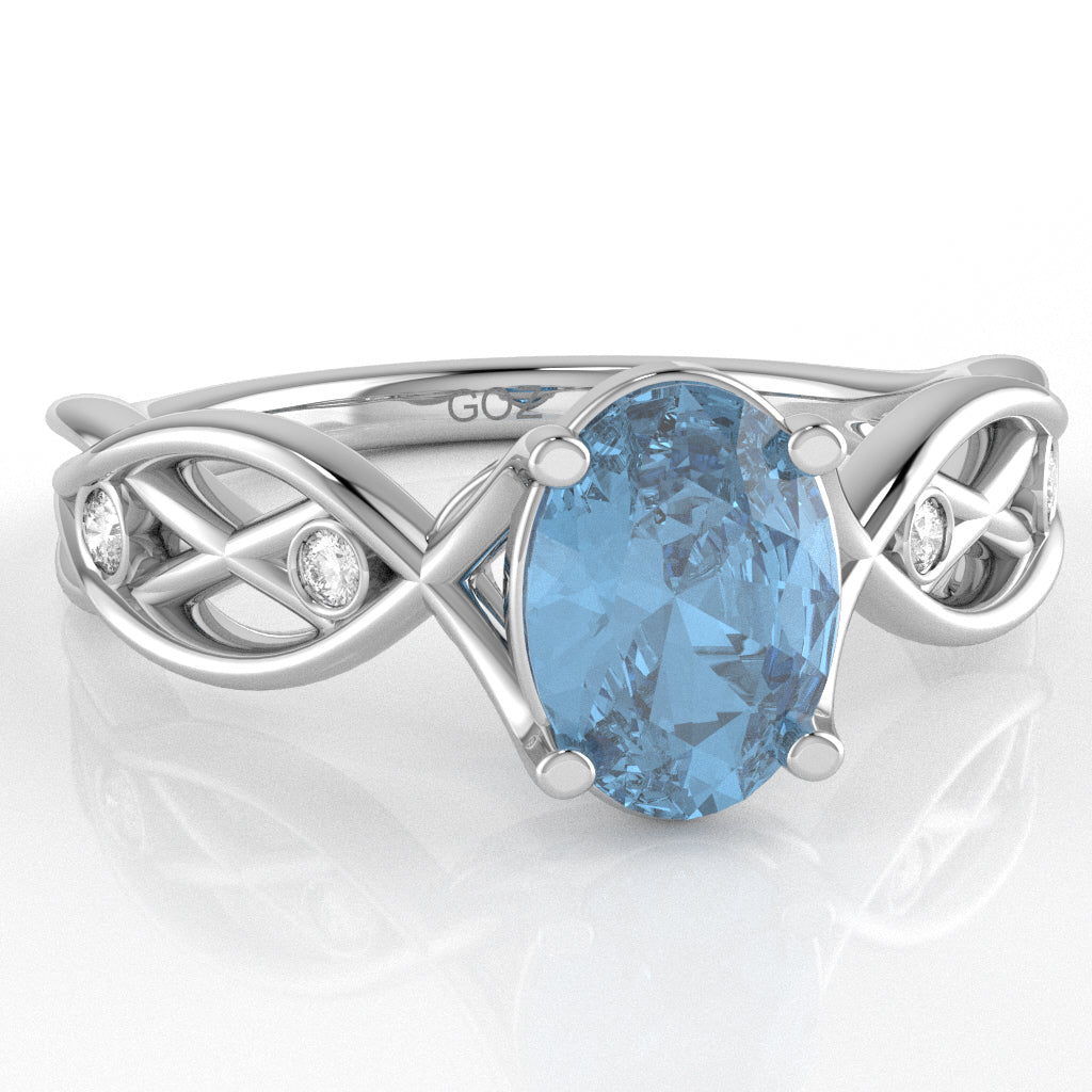 Blue Topaz Diamond Celtic Knot Curles Ring In 10k White Gold