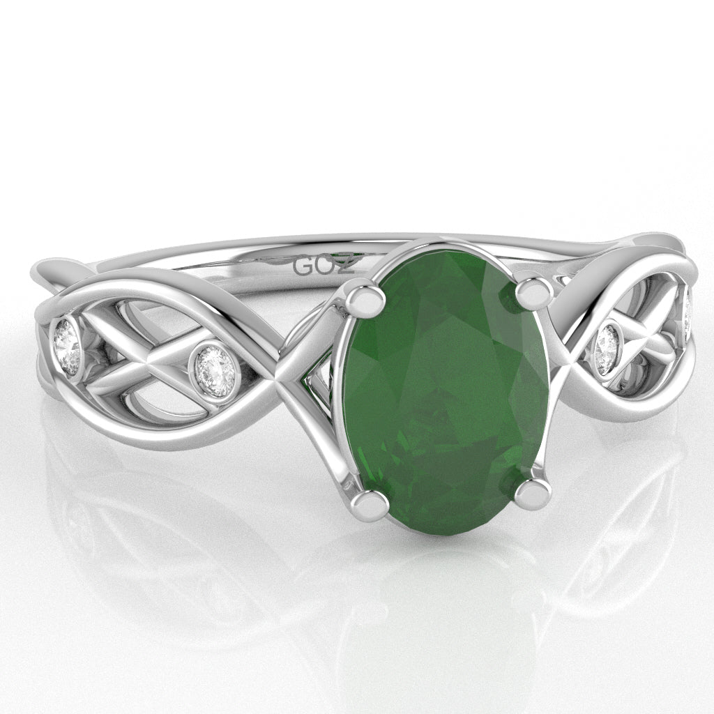Emerald Diamond Celtic Knot Curles Ring In 14k White Gold