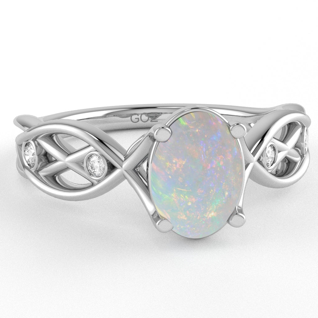 Opal Diamond Celtic Knot Curles Ring In 10k White Gold